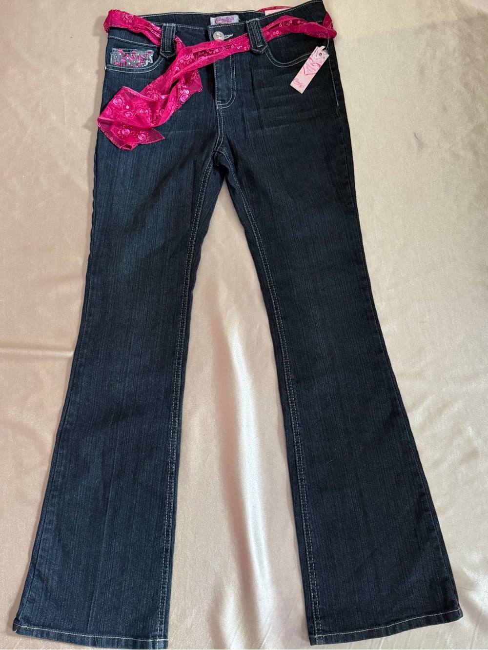 Deadstock Vintage Candies Girl’s Sz.16 Flare Jeans w/ Pink Ribbon Belt NWT